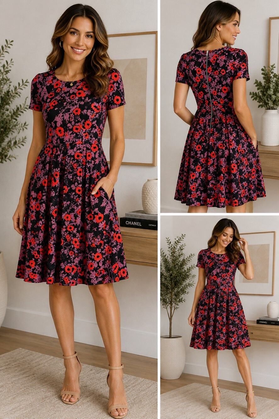 LuLaRoe Amelia Dress Womens Small Black Floral Fit & Flare Pleated Pockets NWT